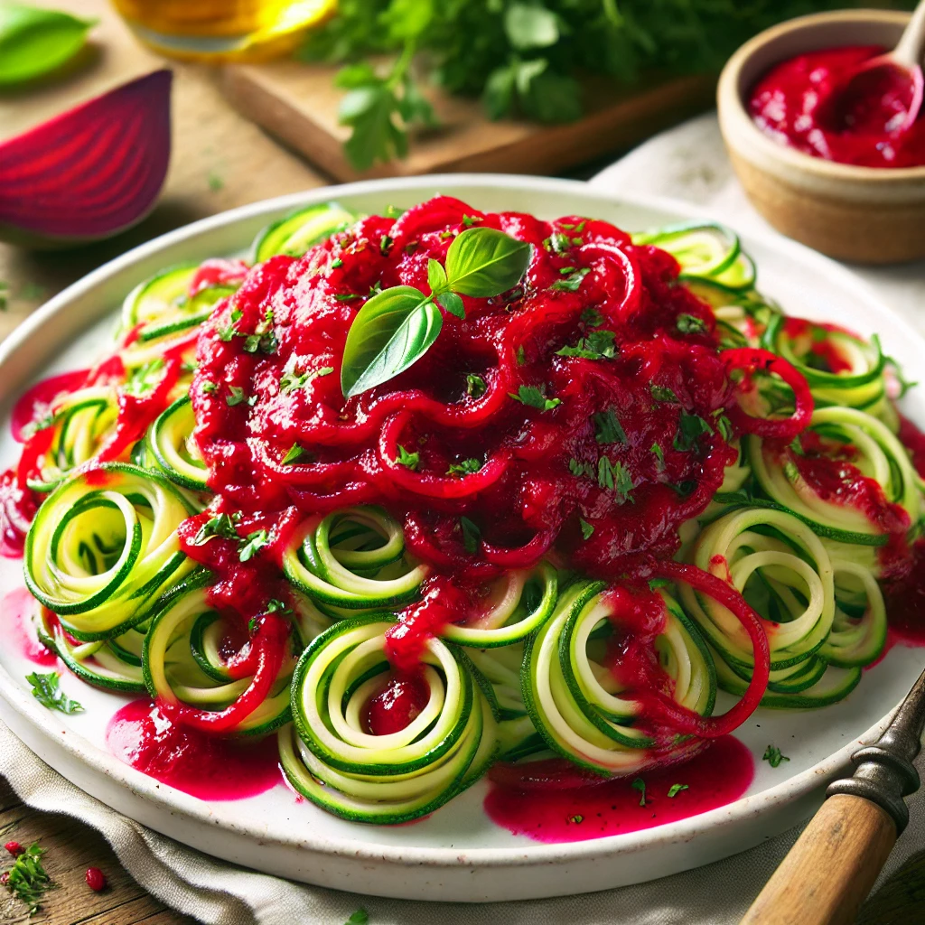 Macarrão de Abobrinha com Molho de Beterraba: Sabor, Saúde e Bem-Estar em um Prato Colorido